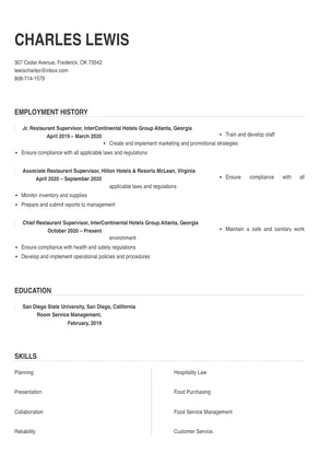restaurant supervisor summary for resume