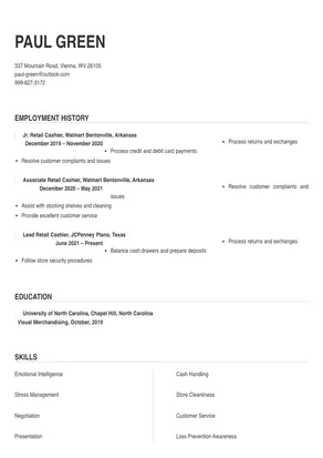 resume examples for cashier retail
