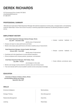 resume format for retail department manager