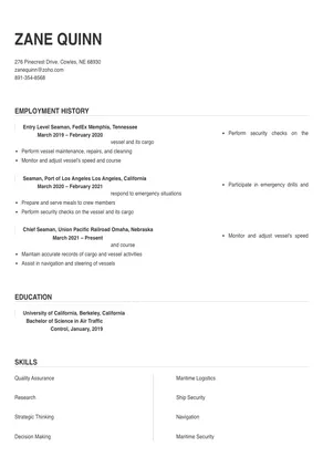 resume sample for seaman cook