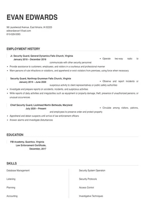 simple resume format for security guard