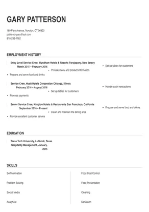objective in resume for service crew
