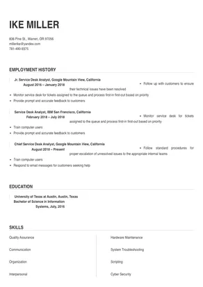 resume format for service desk analyst