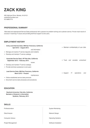 service desk resume sample