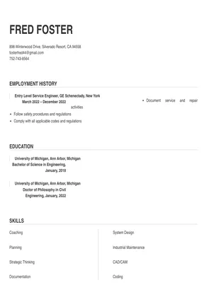 sample resume for service engineer