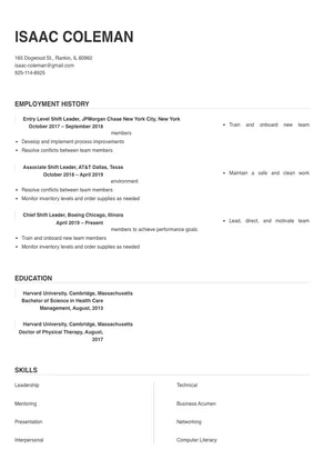 resume example shift leader