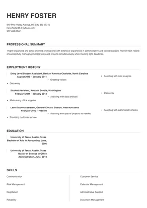 resume example for student assistant