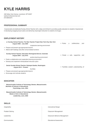 sunday school teacher job description for resume