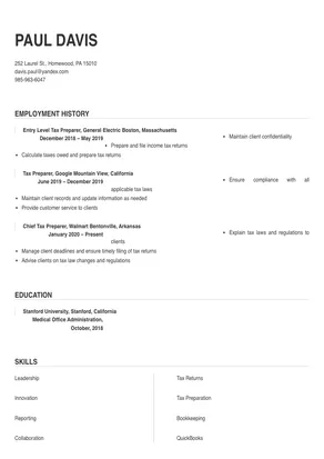 entry level tax preparer resume sample