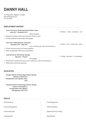 sample resume for taxi driver position