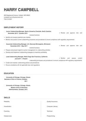 underwriting manager resume examples