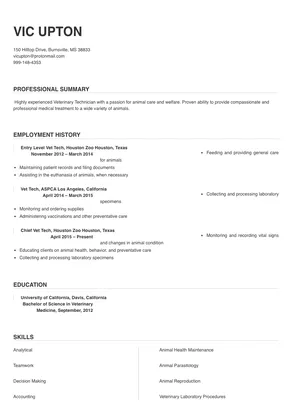resume for vet tech
