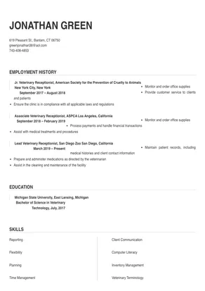resume for veterinary receptionist