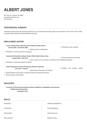 resume sample for visiting nurses