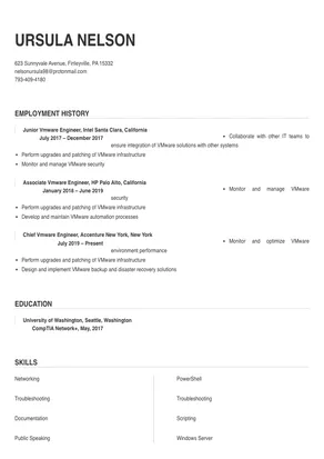 sample resume vmware engineer