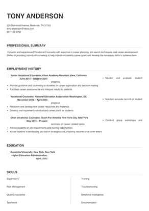 Vocational Counselor Resume Sample & Tips | Online Resume Builder