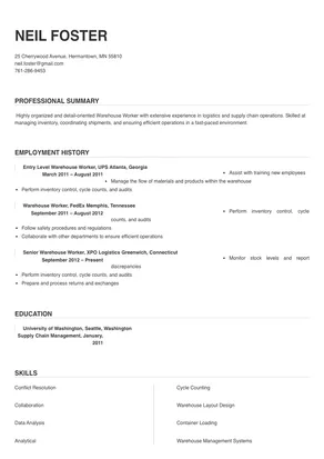 job description of warehouse worker on resume