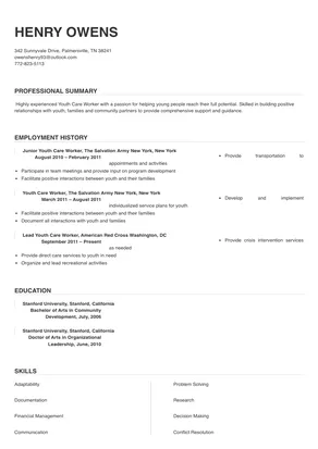 sample resume for youth care worker