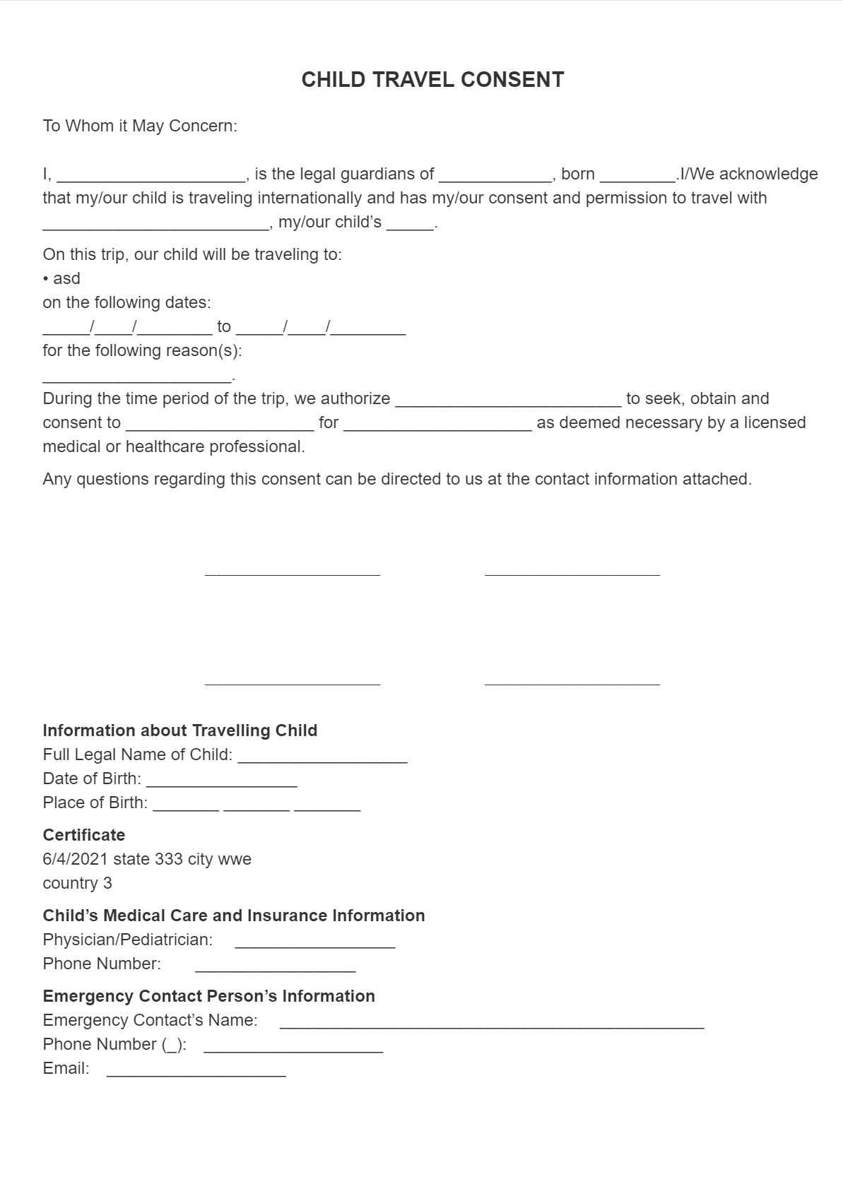 child travel consent form template pdf
