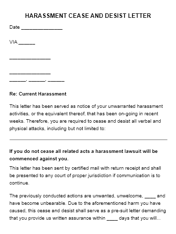Harassment Cease And Desist Letter